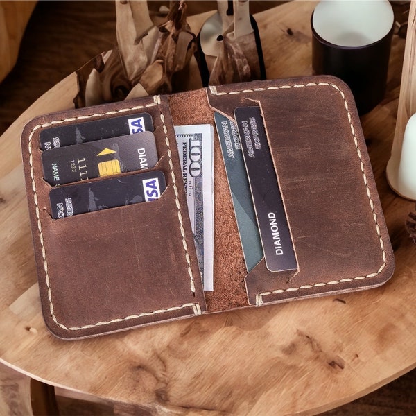 Portefeuille fin fait main avec poche frontale, portefeuille fin The Wilder, porte-cartes en cuir antique, porte-cartes personnalisé minimaliste, portefeuille skinny