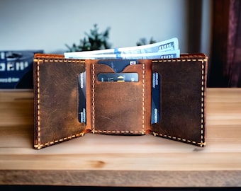 Handgefertigtes Leder Trifold - Rustikales Braunes Leder Kartenetui - Minimalistisches Portemonnaie