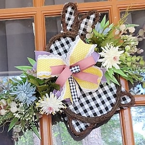 Easter Bunny Grapevine/ Bunny Door Decor/ Floral Door Hanger/ Spring Decor/ Gingham Door Hanger/ Easter Bunny Wall Decor/ Gift/ His/ Hers