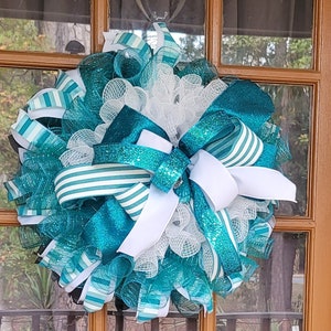 Teal and White Ribbon Wreath: Cervical Cancer Awareness Door Hanger