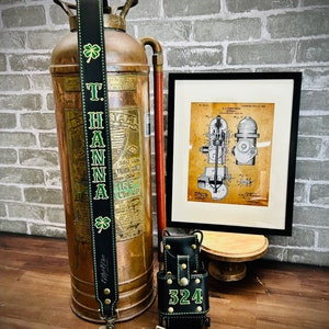 Firefighter / EMS Radio Strap & Bucket / Holster (Black Leather) (Full Set) Custom Personalized
