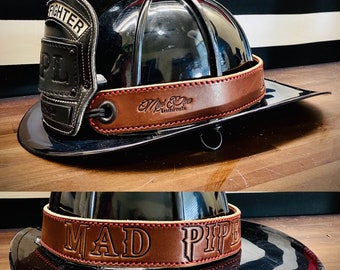 Custom Firefighter Brown Leather Helmet Band