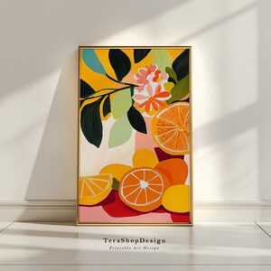 May include: A digital painting of a still life featuring a vase of orange blossoms and lemons. The background is a bright yellow with green leaves. The painting is in a gold frame.