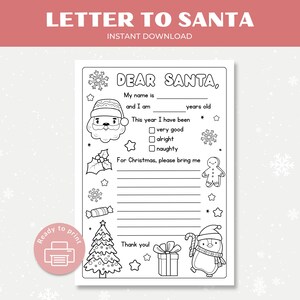 Carta a Papá Noel para colorear / Carta de Querido Papá Noel imprimible / Lista de deseos de Navidad / Coloración de Navidad / Actividad navideña para niños