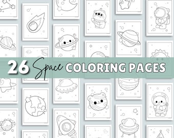May include: 26 black and white space-themed coloring pages featuring planets, stars, rockets, astronauts, and other space-related imagery.