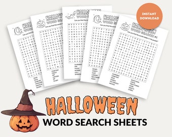 May include: Four printable Halloween word search puzzle sheets with a black and white design. The sheets feature a variety of Halloween-themed words, such as "bones", "fright", "goblin", and "wicked".