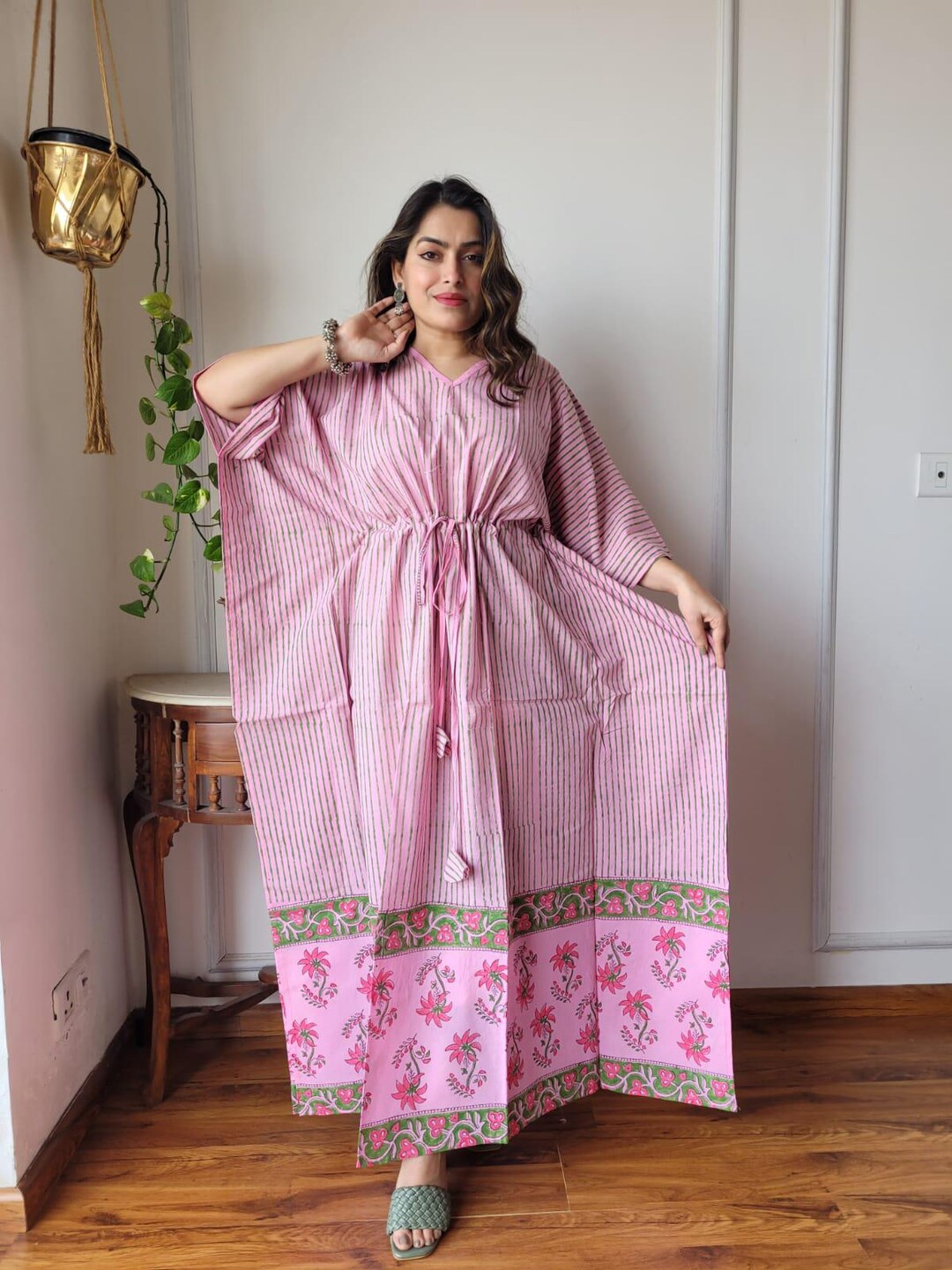 Brown - Bagru Block Print Cotton Kaftan with Tie-Up Waist (Short)