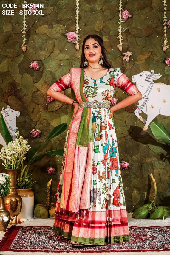 Designer Dola Silk Gown Printed With Foil Work ( Green , M ) - Women's Gowns  - A.B. Designers, Umarwada, Surat, Gujarat