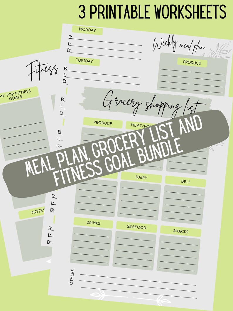 Printable Weekly Meal Plan Grocery List and Fitness Goal Etsy