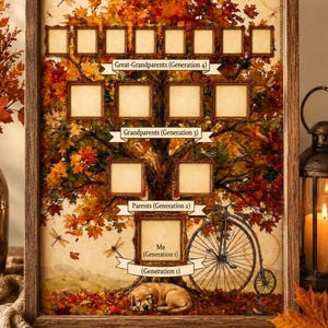 May include: A framed family tree print with a vintage aesthetic. The tree features spaces for photos, labeled with generations. Autumn leaves and a bicycle are depicted, with a sleeping dog at the base. The text reads "Great-Grandparents," "Grandparents," "Parents," and "Me."