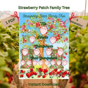 Strawberry Family Tree Printable, 4 Generation Ancestry Chart, Strawberry Patch Genealogy Poster, Instant Download