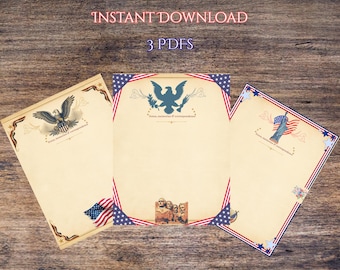 Briefpapier-Set im amerikanischen Stil zum Ausdrucken | Patriotisches Briefpapier | Vintage-Briefpapier im amerikanischen Stil | Sofort-Download