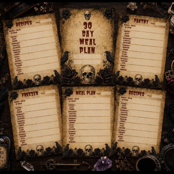 Gothic Meal Planner Printable Bundle | Gruselige Küche, Speisekammer, Gefrierschrank, Rezepte (PDF Download)