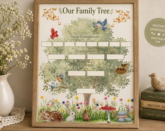 Cottagecore Family Tree Printable, 4 Generation Genealogy Chart (PDF Download)