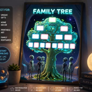 May include: A digital art print titled "FAMILY TREE" featuring a glowing green tree with boxes for family members. The artwork includes alien figures and a space-themed background. The print is available as an instant download.
