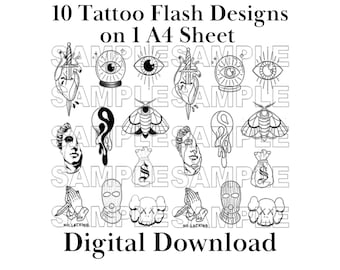 10 Designs Tattoo Flash Sheet | Stencil Ready Designs | Original Linework | Digital Download