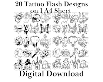 20 Designs Tattoo Flash Sheet | Stencil Ready Designs | Original Linework | Digital Download