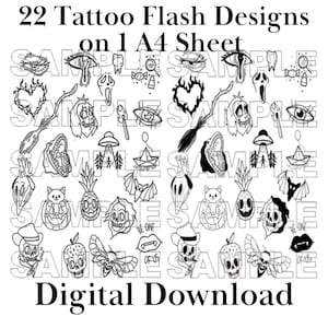 22種類のデザイン タトゥーフラッシュシート | ステンシル対応デザイン | オリジナルラインワーク | デジタルダウンロード