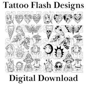 17 Designs Tattoo Flash Sheet | Stencil Ready Designs | Original Linework | Digital Download