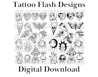 17 Designs Tattoo Flash Sheet | Stencil Ready Designs | Original Linework | Digital Download