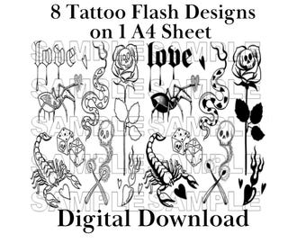 8 Designs Tattoo Flash Sheet | Stencil Ready Designs | Original Linework | Digital Download