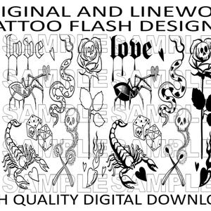 8 Designs Tattoo Flash Sheet | Stencil Ready Designs | Original Linework | Digital Download