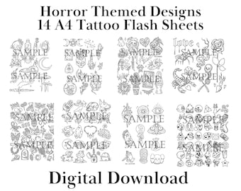 14 Horror Tattoo Flash Sheets | Gothic Halloween Tattoo Flash | A4 Printable Digital Download | Stencil-Ready Linework Designs