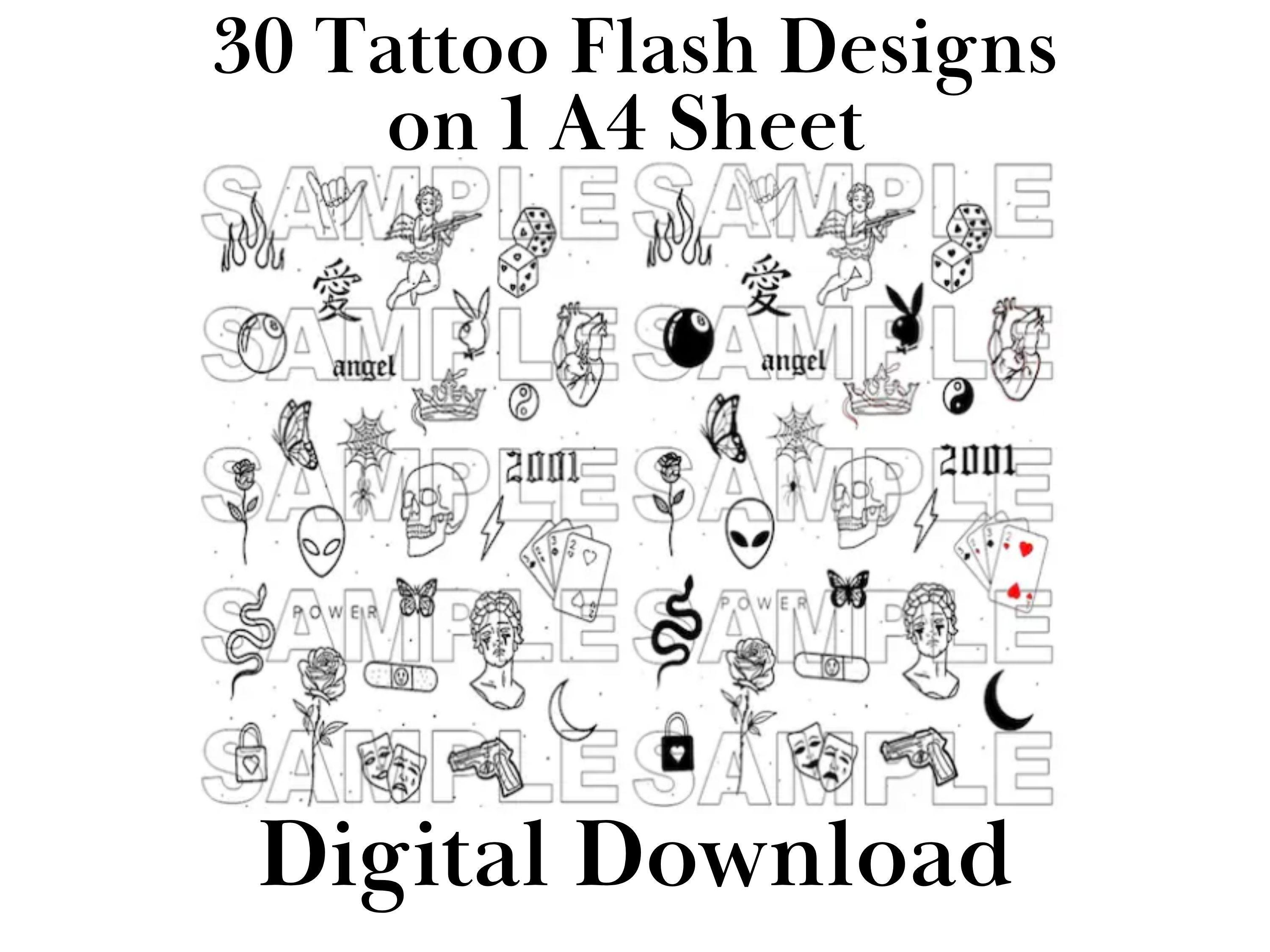 30 Designs Tattoo Flash Sheet | Stencil Ready Designs | Original