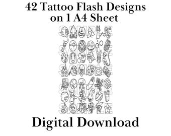 42 Designs Tattoo Flash Sheet | Stencil Ready Designs | Original Linework | Digital Download