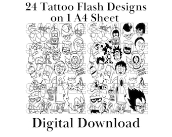 24 Designs Tattoo Flash Sheet | Stencil Ready Designs | Original Linework | Digital Download