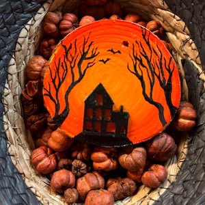 Set of 4 Hand Painted Haunted House Scene Ornaments or Shelf Sitters w/Embellishment