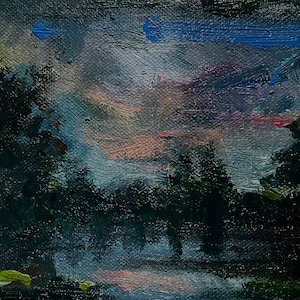 May include: A painting of a dark forest scene with a blue, pink, and orange sky. The trees are silhouetted against the sky, and there is a small body of water in the foreground.