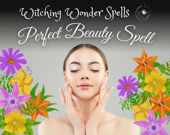 Può includere: Una donna con gli occhi chiusi, che si tocca delicatamente il viso. L'immagine presenta il testo "Witching Wonder Spells Perfect Beauty Spell" con accenti floreali colorati in viola, arancione e giallo.