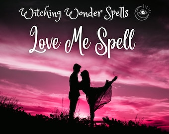 May include: A silhouette of a couple embracing against a vibrant pink and purple sunset. The text "Love Me Spell" is displayed in elegant script, with "Witching Wonder Spells" above. A crescent moon with an eye is in the upper right corner.