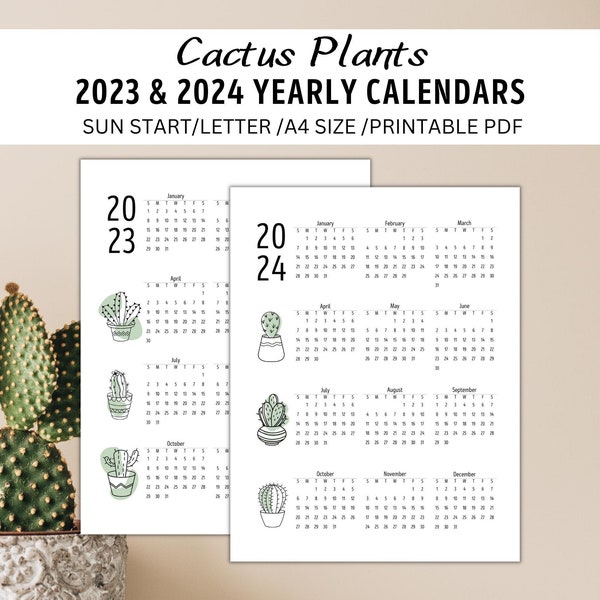 2023 & 2024 Yearly Calendar Printable, Cactus Plants Minimalist Calendar, Year at a glance with Sunday Start, PDF in Letter and A4 Sizes