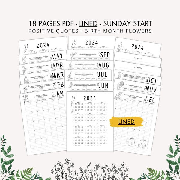 2024 Floral Inspirational Calendar Printable, Year at a Glance and Lined Monthly Calendar Planner with space for note taking