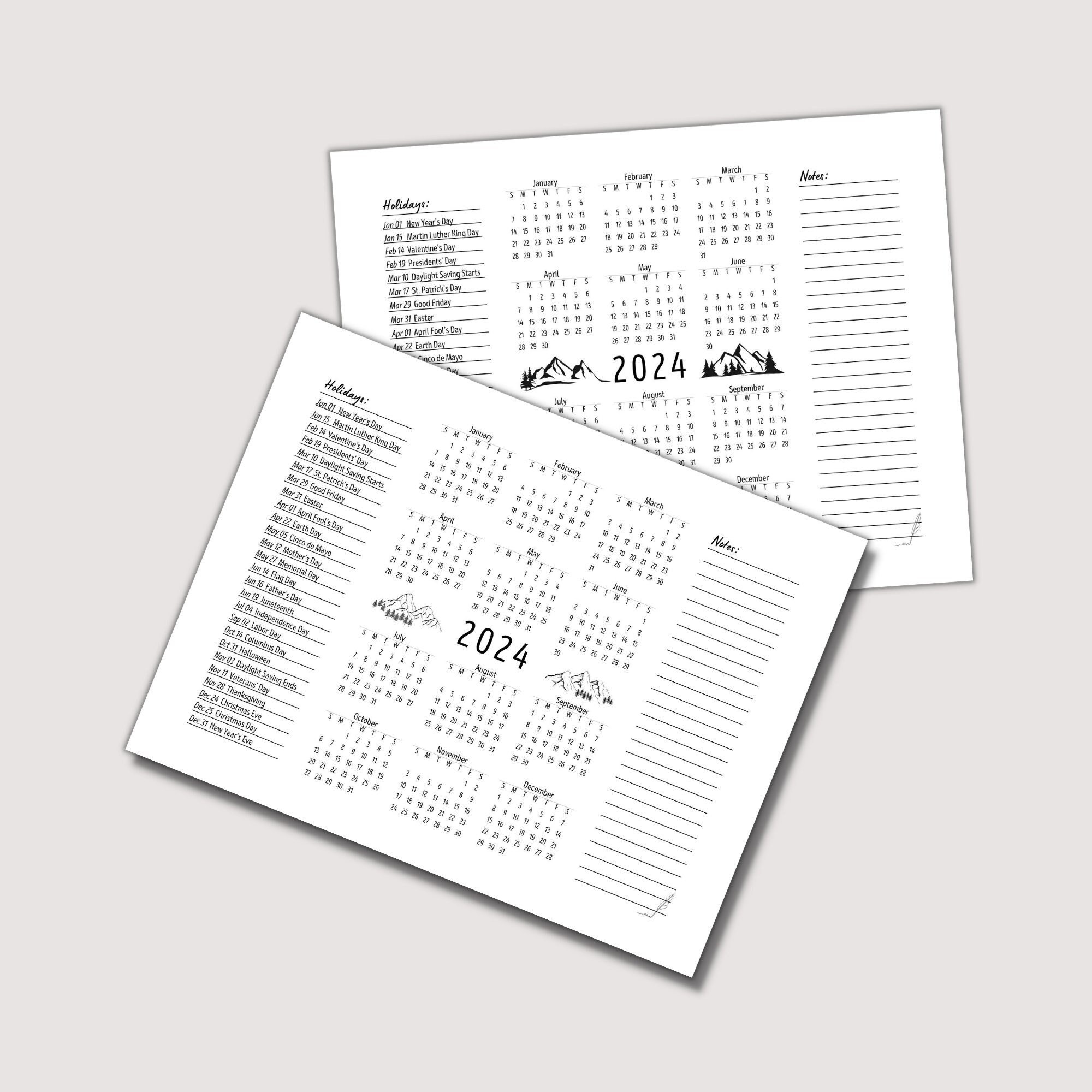 2024-calendar-printable-year-at-a-glance-mountains-calendar-calendar-with-holidays-and-notes-space-sunday-start-horizontal-calendar-pdf-etsy