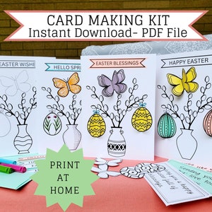 Kit per la creazione di biglietti con uova di farfalla 3D e vaso di Pasqua, set di biglietti di carta per bambini e adulti, modelli di biglietti da colorare, PDF stampabile da scaricare