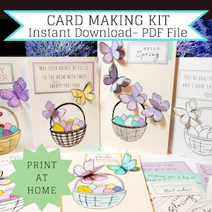 Kit para hacer tarjetas de canasta de Pascua con mariposas, tarjetas de primavera DIY para niños, tarjetas emergentes 3D, Pascua para colorear, haga su propia tarjeta, plantillas PDF