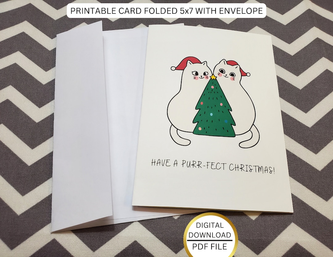 printable christmas card with envelope, cute cats christmas card