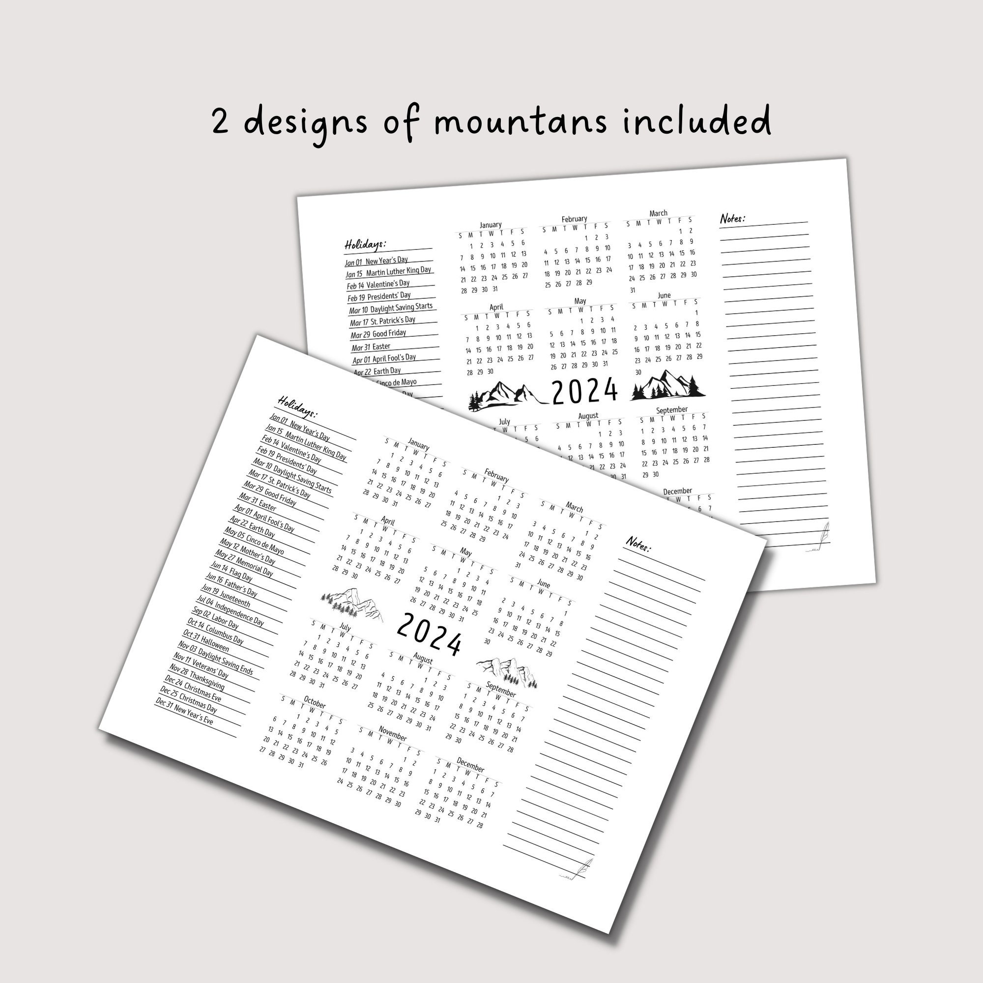 2024 Calendar Printable Year at a Glance, Mountains Calendar, Calendar With Holidays and Notes