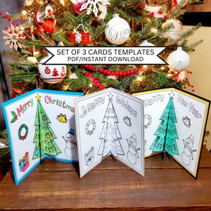 Cartoline popup dell'albero di Natale, attività da colorare stampabile per bambini, cartoline natalizie fai da te, set di cartoline di Natale 3D, biglietti di Capodanno, artigianato con la carta, PDF