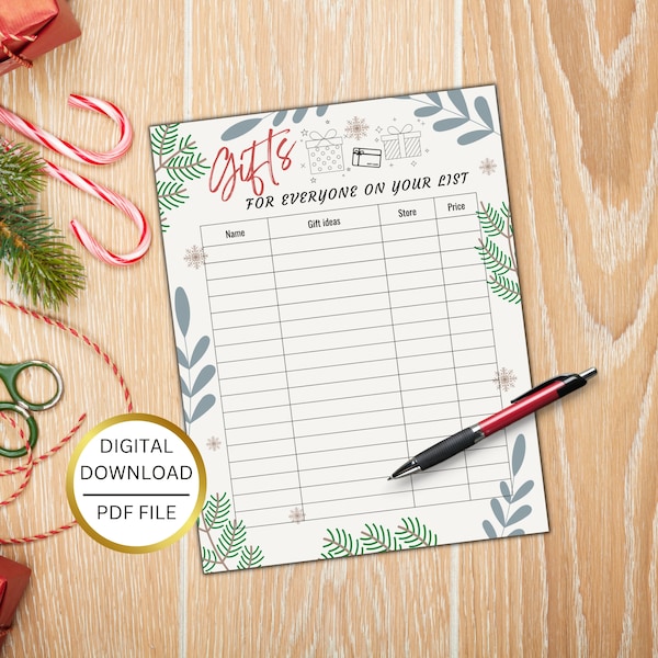 Weihnachtsgeschenkliste druckbar, Weihnachtsgeschenk Checkliste, Geschenkliste Tracker, Weihnachts Budget Planer, Wunschliste, Urlaubseinkaufsliste PDF