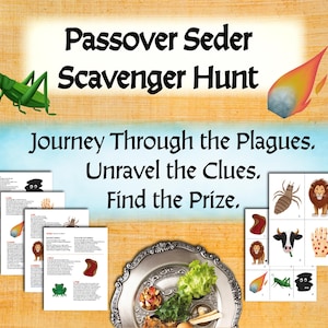 May include: A Passover Seder scavenger hunt game with a colorful illustration of a grasshopper and a burning bush. The game includes a set of cards with images of the plagues and clues to find the prize.