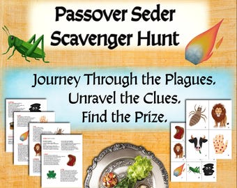 Op de afbeelding: Een Pesach Seder-speurtocht met een kleurrijke illustratie van een sprinkhaan en een brandende struik. Het spel bevat een set kaarten met afbeeldingen van de plagen en aanwijzingen om de prijs te vinden.