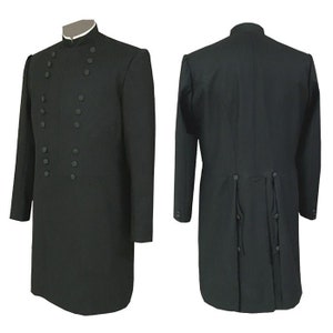 May include: A black long coat with a stand-up collar and a double row of buttons down the front. The coat has a long, flowing skirt and is tailored for a slim fit.