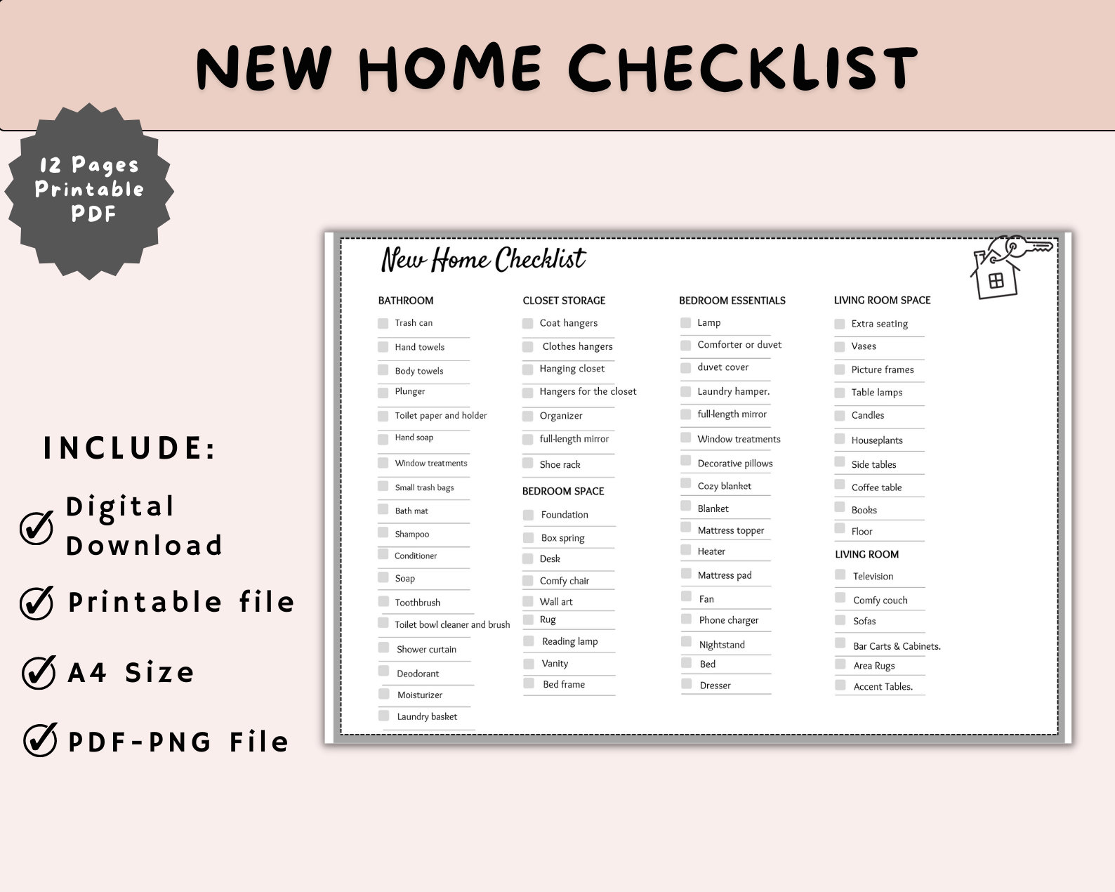 New Home Essentials Checklist. Room by Room Household Items, Instant  Download (Download Now) 