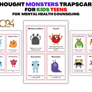 Mostri del pensiero Carte trappola pensanti per bambini e ragazzi - Carte per il pensiero negativo - Mentalità di crescita delle carte CBT, inquadratura dei pensieri, strumento terapeutico