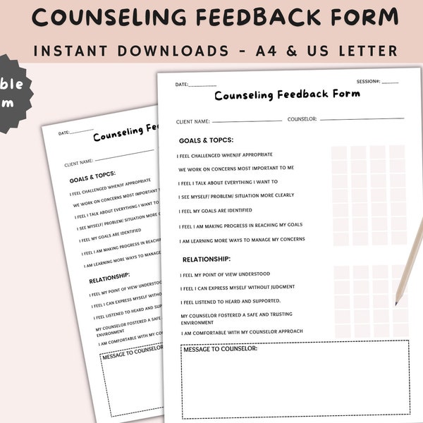 Counseling Review Form | Client Feedback Form | Client Survey Form | Printable and Fillable | Therapist Feedback Form | Counseling Form