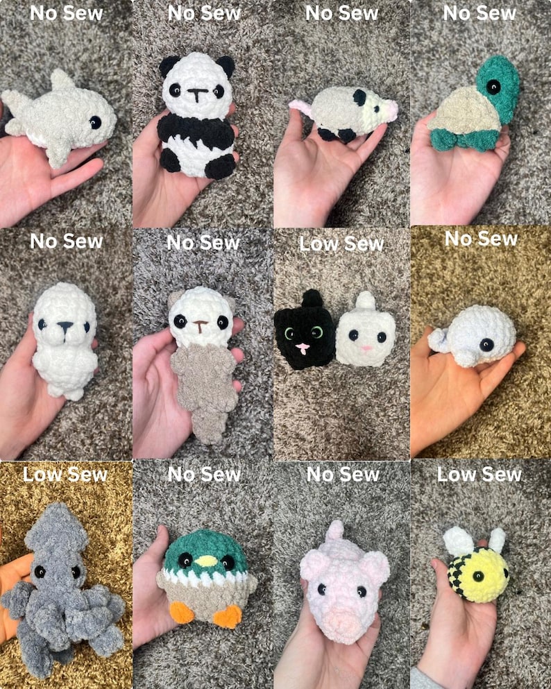 May include: A collection of 12 crocheted stuffed animals, including a panda, a shark, a turtle, a possum, a cat, a seal, a pig, a bee, a duck, an octopus, and a sloth. The animals are all made with different colors of yarn and have different facial expressions. Some of the animals have sewn eyes, while others have no sew eyes. The animals are all about 3 inches tall.